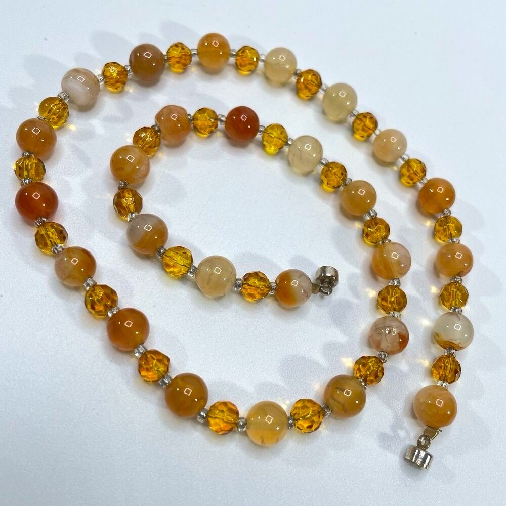 Stunning Vintage Citrine Color Agate Stone Glass Beaded Necklace Boho Cute
